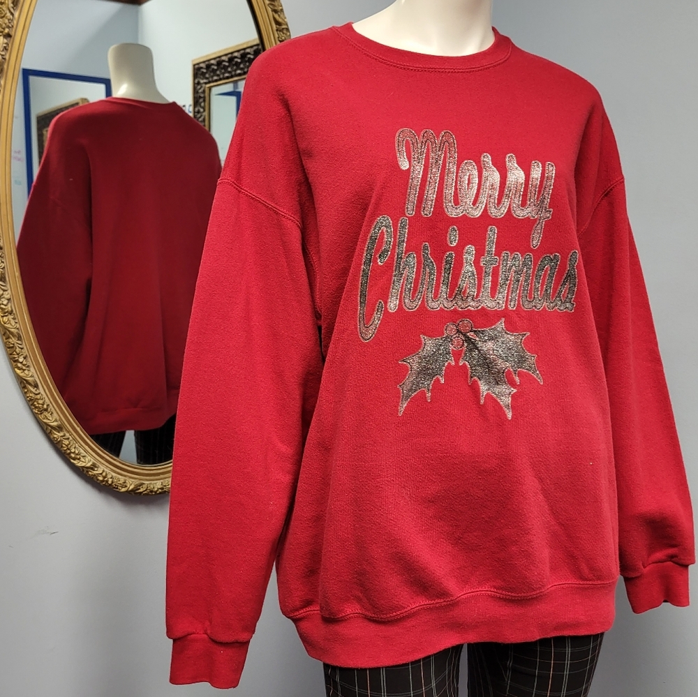 🎅 Vintage MERRY CHRISTMAS sweatshirt crewneck sweater glitter L